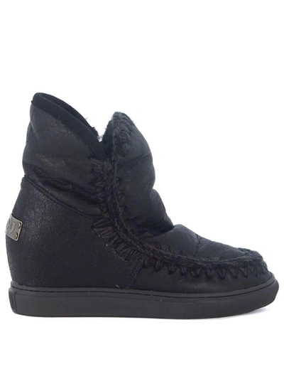 Shop Mou Wedge Eskimo Black Leather Ankle Boots In Nero