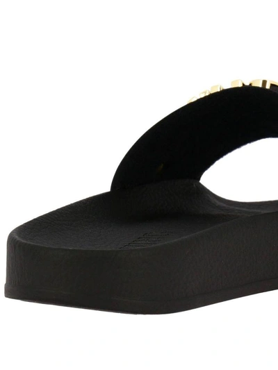 Shop Moschino Flat Sandals  Slides Low Sandal In Pvc And Wide-grained Rubber With Contrasting Logo In Meta In Black