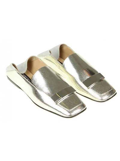 Shop Sergio Rossi Loafers In Silver Leather With Metal Plate