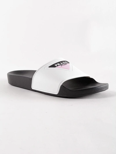 Shop Prada Logo Print Sliders In E1q Bianco+rosa