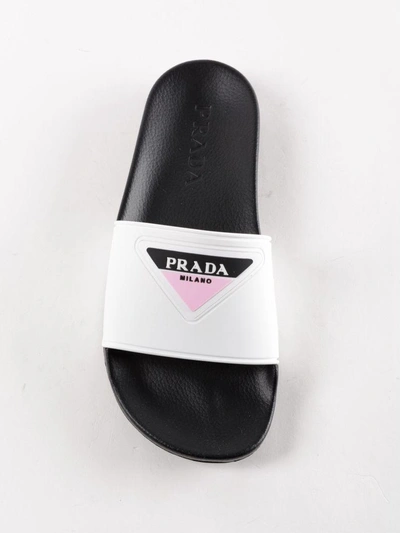 Shop Prada Logo Print Sliders In E1q Bianco+rosa