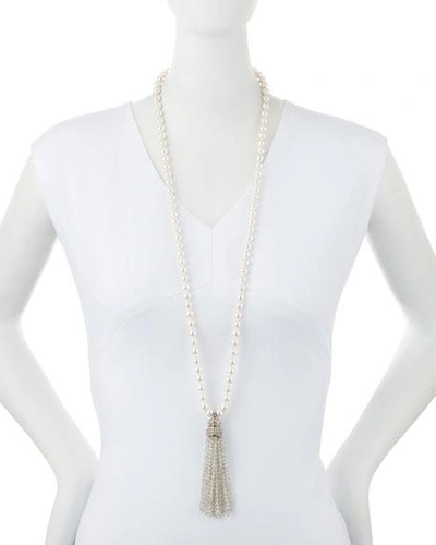 Shop Oscar De La Renta Pearly And Crystal Tassel Necklace In Crystal/silver