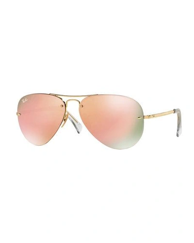 Shop Ray Ban Rimless Mirrored Iridescent Aviator Sunglasses In Brown/pink