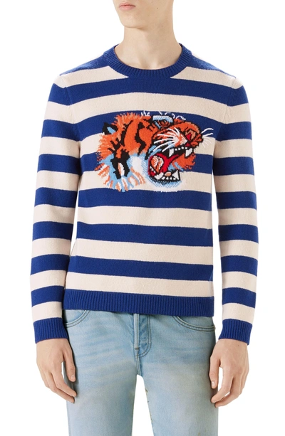 Shop Gucci Stripe Tiger Wool Crewneck Sweater In Blue/white