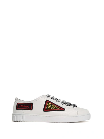 Shop Miu Miu Patches Low-top Leather Sneakers In Bianco