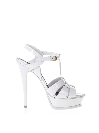 Shop Saint Laurent Tribute Patent Leather Sandals In Porcelain