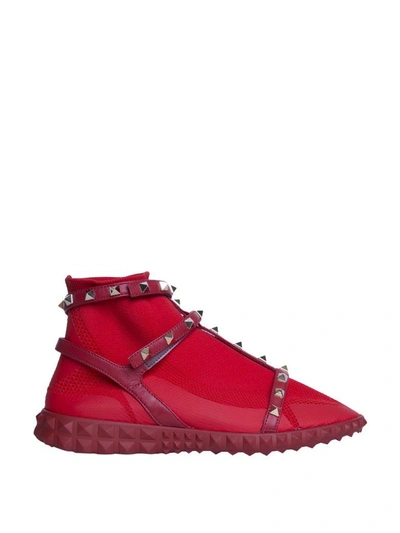 Shop Valentino Stretch Knit Rockstud High-top Sneakers In Rosso