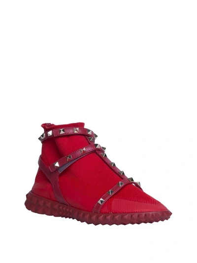 Shop Valentino Stretch Knit Rockstud High-top Sneakers In Rosso