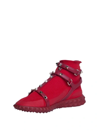 Shop Valentino Stretch Knit Rockstud High-top Sneakers In Rosso