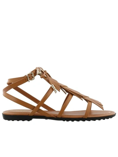 Shop Tod's Fringed Sandals In Leather