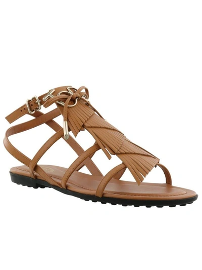 Shop Tod's Fringed Sandals In Leather