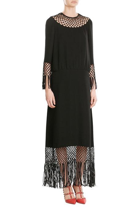 Valentino Woman Fringed MacramÉ-paneled Silk-crepe Dress Black | ModeSens