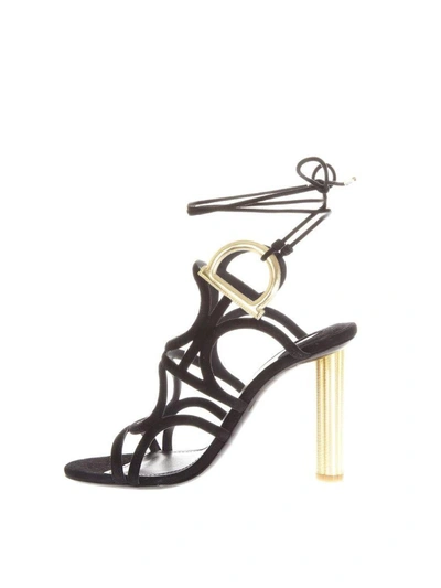 Shop Ferragamo Gancio Sandal With Flower Heel In Black/gold