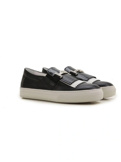 Shop Tod's Double T Fringed Leather Sneakers In Black+white