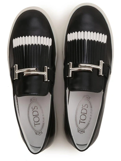 Shop Tod's Double T Fringed Leather Sneakers In Black+white