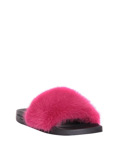 Shop Givenchy Mink Trimmed Rubber Slides In Fucsia