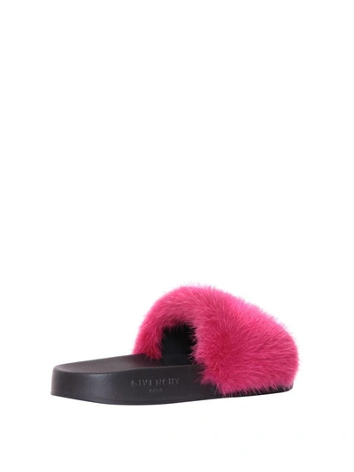 Shop Givenchy Mink Trimmed Rubber Slides In Fucsia