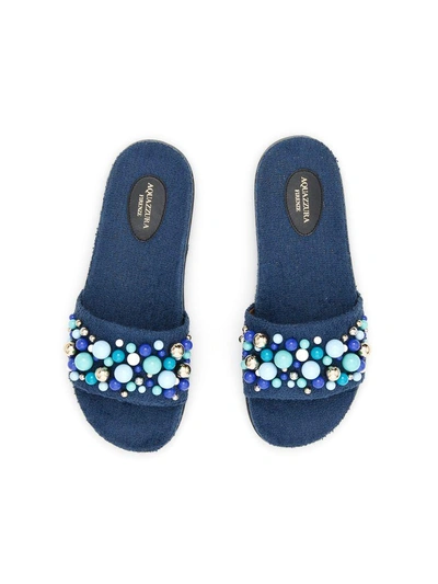 Shop Aquazzura Bon Bon Pool Slides In Navy (blue)