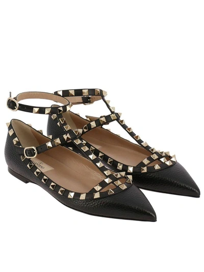 Shop Valentino Ballet Flats  Rockstud T-strap Ballerina Flats In Genuine Grained Leather With Maxi Metal S In Black