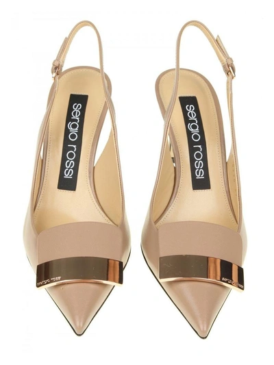 Shop Sergio Rossi Chanel Pointed In Leather Nude Color With Gold Metal Plat In Bright Skin