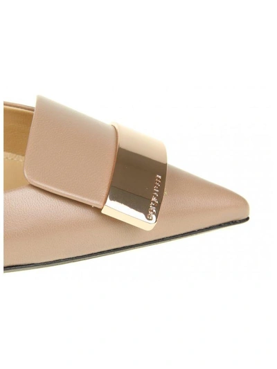 Shop Sergio Rossi Chanel Pointed In Leather Nude Color With Gold Metal Plat In Bright Skin
