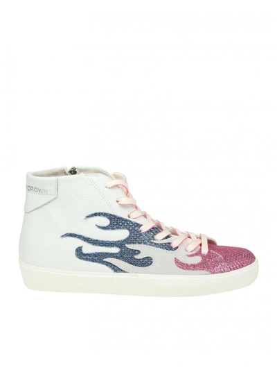 Shop Leather Crown Sneakers High W Fire In Leather Color White And Pink