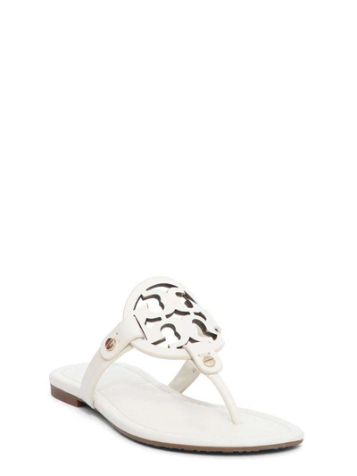 Shop Tory Burch Laser Cut Logo Flat Sandals In Bianco
