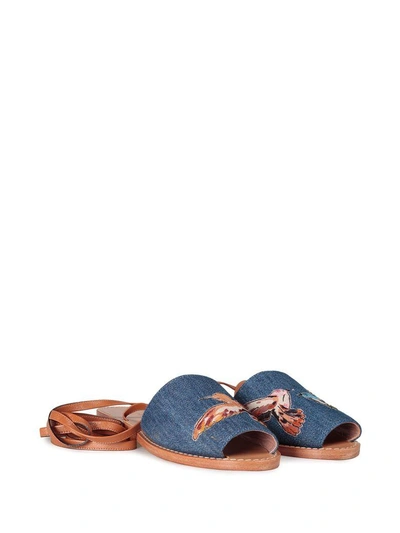 Shop Red Valentino Hummingbirds Embroidered Denim Lace-up Sandal In Blu