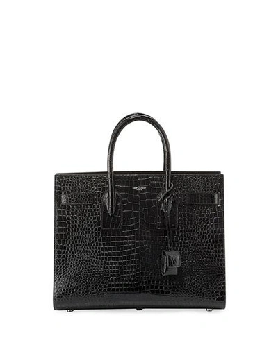Shop Saint Laurent Sac De Jour Small Crocodile-embossed Satchel Bag - Silver Hardware In Black