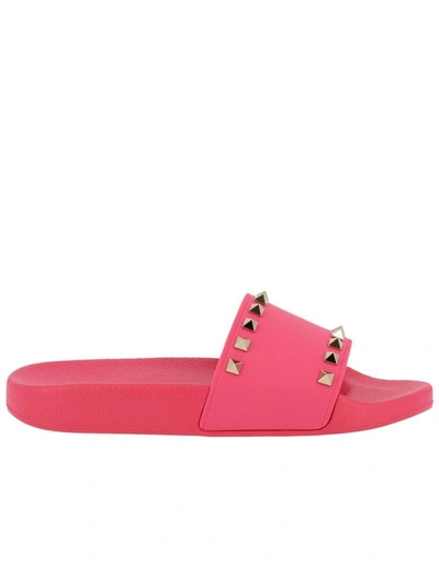 Shop Valentino Flat Shoes  Rockstud Spike Slides In Monochromatic Rubber With Mini Metal Studs In Pink