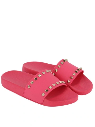 Shop Valentino Flat Shoes  Rockstud Spike Slides In Monochromatic Rubber With Mini Metal Studs In Pink