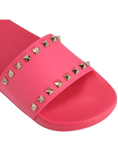 Shop Valentino Flat Shoes  Rockstud Spike Slides In Monochromatic Rubber With Mini Metal Studs In Pink