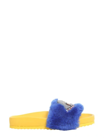 Shop Mira Mikati Eco Pelliccia Sliders With Patch In Blu