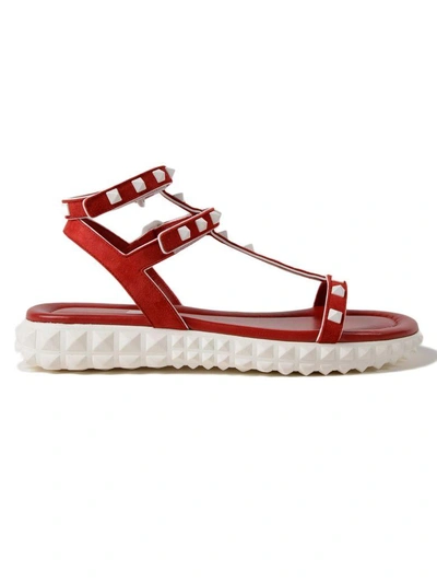 Shop Valentino Flat Sandal Free Rockstud In 0rs Rosso V./bianco