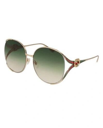 Shop Gucci Oval Web Gg Sunglasses, Yellow Pattern In Green/gold