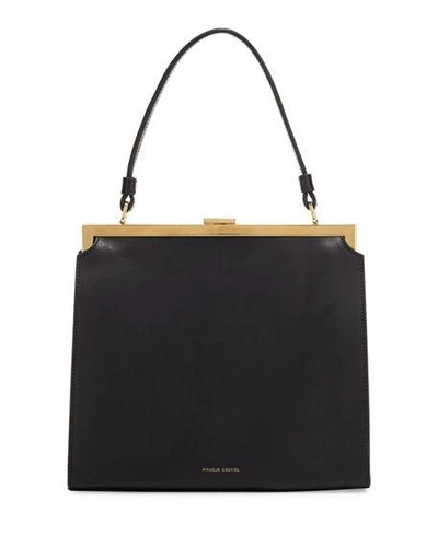 Shop Mansur Gavriel Elegant Leather Top-handle Bag In Black/canvas