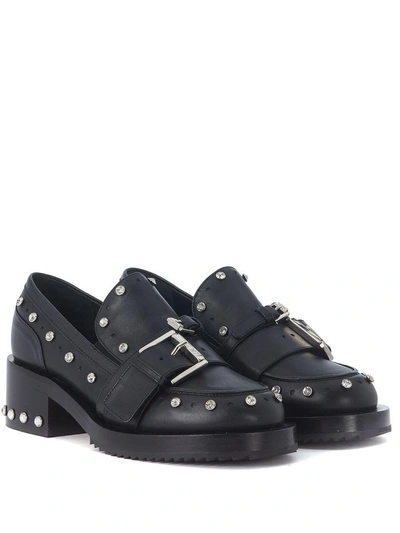 Shop N°21 N&deg;21 Black Leather Loafers With Double Buckle And Studs In Nero