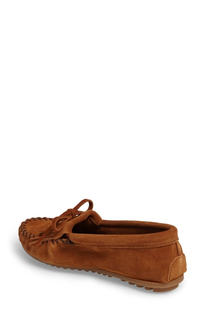 Minnetonka Kilty Suede Driving Shoe In Brown Suede
