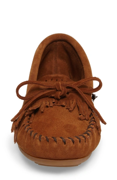 Minnetonka Kilty Suede Driving Shoe In Brown Suede