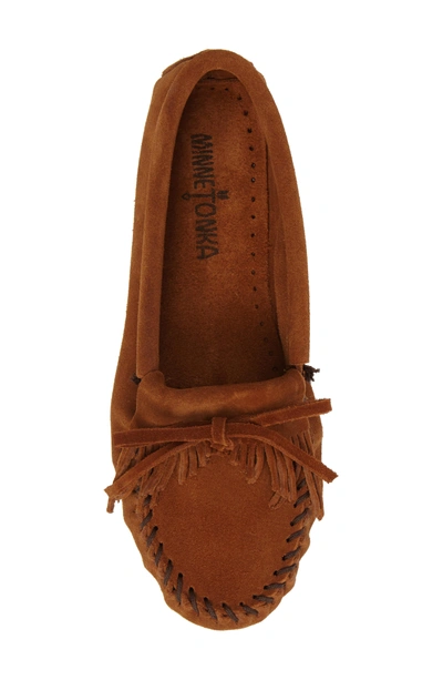 Minnetonka Kilty Suede Driving Shoe In Brown Suede