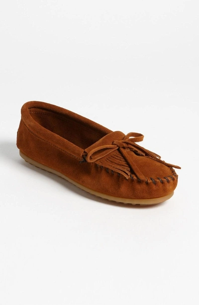Minnetonka Kilty Suede Driving Shoe In Brown Suede