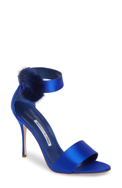 Shop Manolo Blahnik Trespola Genuine Mink Fur Ankle Strap Sandal In Electric Blue