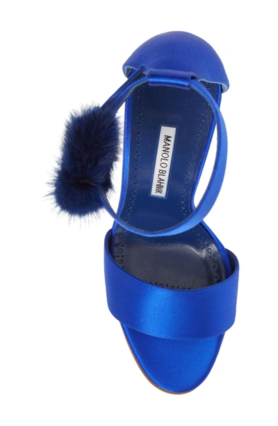 Shop Manolo Blahnik Trespola Genuine Mink Fur Ankle Strap Sandal In Electric Blue