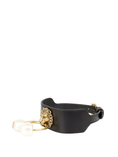 Shop Gucci Lion Head Leather Bracelet In Nero