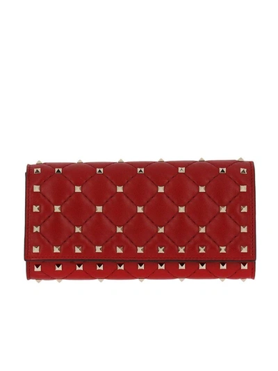 Shop Valentino Wallet  Rockstud Spike Wallet In Quilted Nappa Leather With Metal Studs In Red