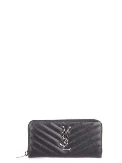 Shop Saint Laurent Monogramme Quilted Leather Zip Around Wallet In Black