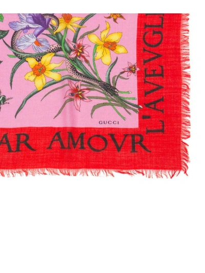 Shop Gucci Flora Print Wool And Silk Scarf In Rosa