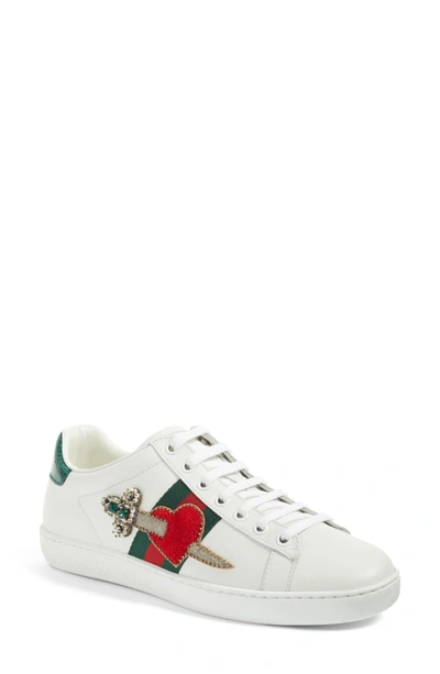 Shop Gucci New Ace Pierced Heart Sneaker In White Multi