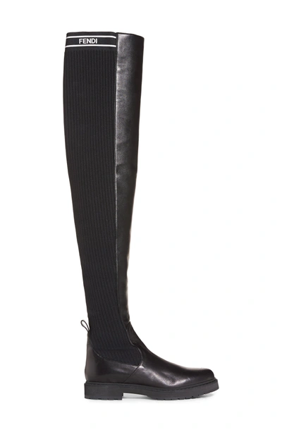 Shop Fendi Logo Over The Knee Boot In Black Leather