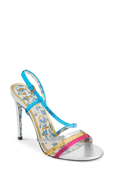 Shop Gucci Sequin Sandal In Silver/ Blue/ Pink